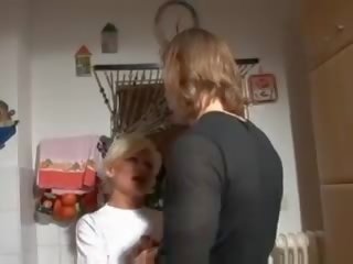 Exceptional blonde german granny banged in kitchen